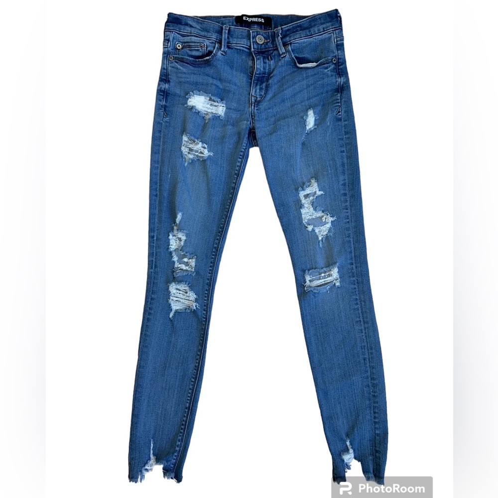Express mid rise distressed raw hem skinny denim blue jeans women’s size 2L/2L